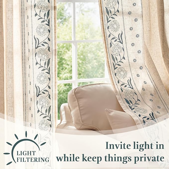 jinchan Winslow Lined Linen Curtains for Bedroom 84 Inches Linen Blended Embroidered Bordered Floral Curtains for Living Room Farmhouse Decor Window Treatments Blue on Beige Drapes 2 Panels