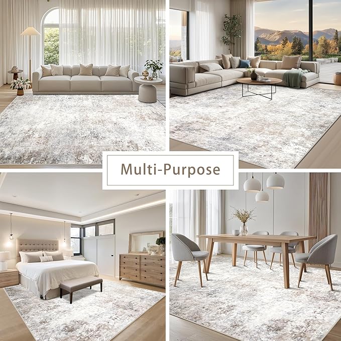 Srugn Washable Rugs 6x9 Area Rugs for Living Room,Modern Abstract Rugs for Bedroom,Large Carpets,Ultra Soft Faux Wool Retro Dining Room Rug,Non Slip&Non-Shedding Low Pile Print Rug- Beige Grey
