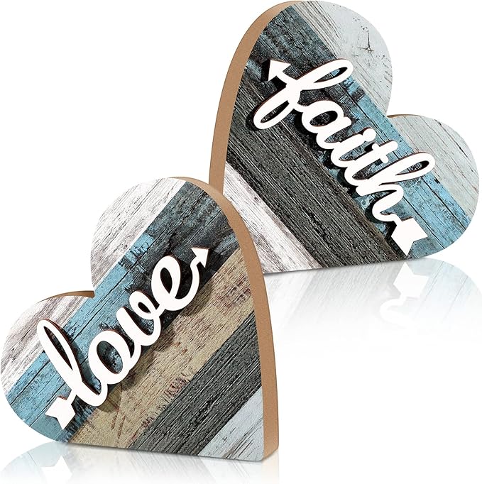 Jetec 2 Pcs Rustic Wooden Heart Table Decor, Daisy Farmhouse Home Decor, Bless This Home & Be Kind Sign for Living Room, Dining Room, Shelf & Mantel, Ideal Housewarming & Birthday Gift(Love Style)