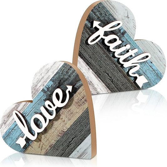 Jetec 2 Pcs Rustic Wooden Heart Table Decor, Daisy Farmhouse Home Decor, Bless This Home & Be Kind Sign for Living Room, Dining Room, Shelf & Mantel, Ideal Housewarming & Birthday Gift(Love Style)