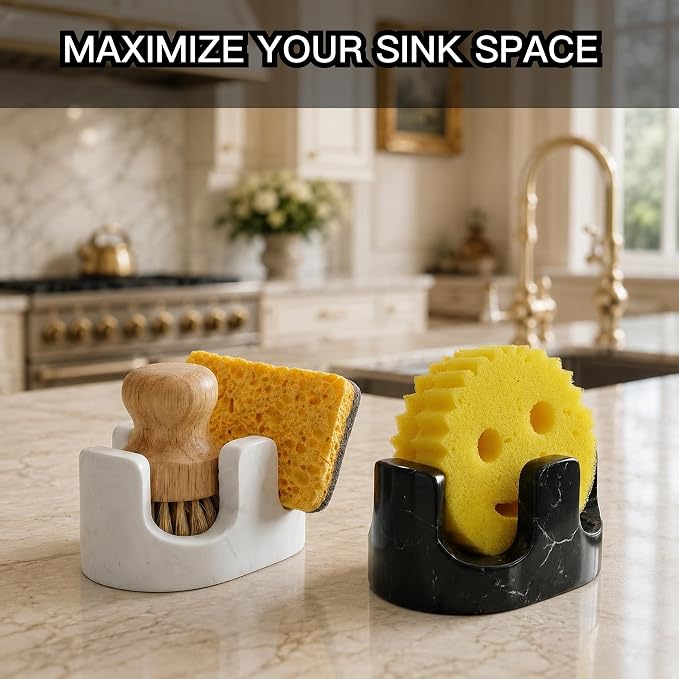 White Marble Sponge Holder for Kitchen Sink, Dual Slot Stone Caddy,Carrara White | 2-in-1 Natural Stone Sponge & Brush Holder, Raised Edge Helps Catch Water, Keeps Countertops Dry , Keeps Countertop Dry