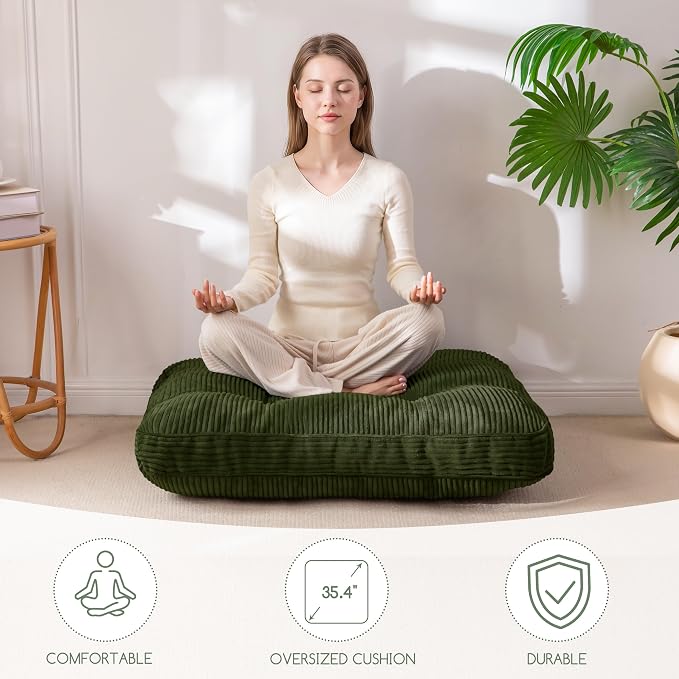HIGOGOGO 35" Floor Pillow Cushion for Adults, Meditation Cushion Pillow, Extra Large Square Floor Sitting, Tufted Corduroy Cover for Tatami Living Room or Yoga, Dark Green