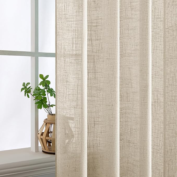 MIULEE Beige Linen Curtains 63 Inch Length 2 Panels for Bedroom Living Room, Soft Linen Textured Window Drapes Semi Sheer Light Filtering Back Tab Rod Pocket Farmhouse Modern Burlap Look Decor