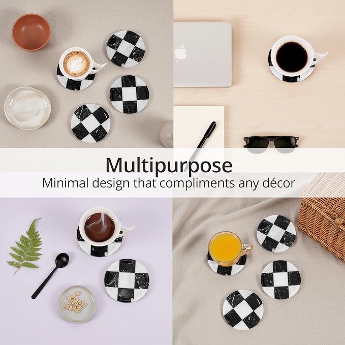 Marble Coasters Set of 4, Zebra Black & White Handmade 4 inch Round Checkered Stone Coaster, Drink Coaster Plates for Living Room, Trendy Office Desk Accessories & Home Décor