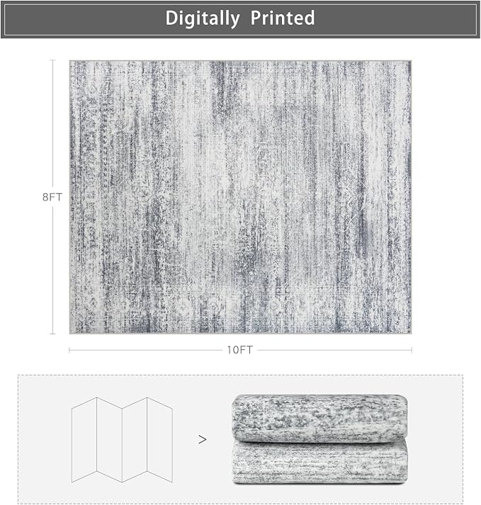 Srugn Washable Rugs 8x10 Area Rugs for Living Room,Rugs for Bedroom,Large Carpets,Ultra Soft Faux Wool Retro Dining Room Rug,Non Slip&Non-Shedding Low Pile Vintage Print Rug for Home Office-Grey Cream