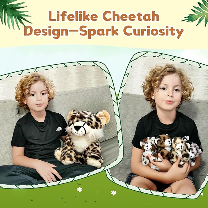 MorisMos 5Pcs Cheetah Stuffed Animal, 14 Inch Cheetah Mommy with 4 Baby, Soft Stuffed Leopard Plush Gifts for Kids, Boys, Girls, Toddler
