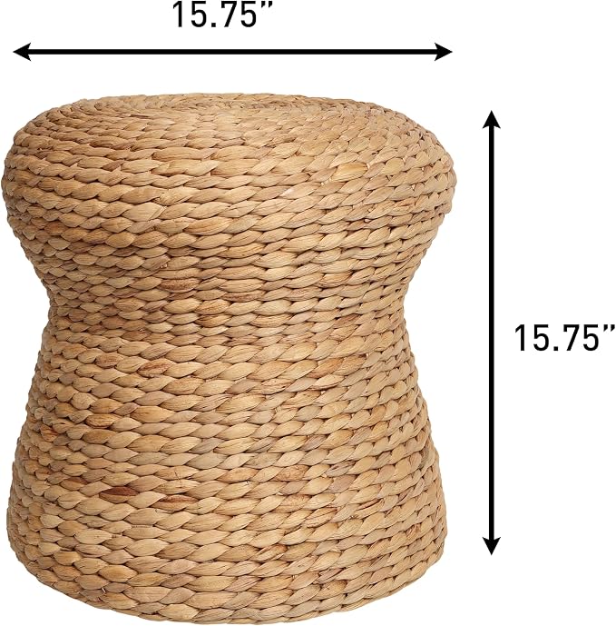 JONATHAN Y Alberto 15.7" Handwoven Water Hyacinth Pouf Stool, Hourglass Wicker Ottoman Footrest and Side Table for Living Room, Bohemian Natural Extra Seating TBL2502A