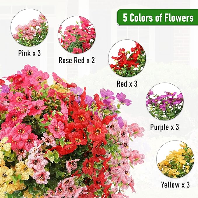 Powbrace Artificial Flowers Outdoor Fake Plants, Faux Silk Flowers Plastic Plants for Outdoors Indoor Outside Front Porch Hanging Planter Window Box Garden Home Spring Decoration, 14 Pack (Mix)