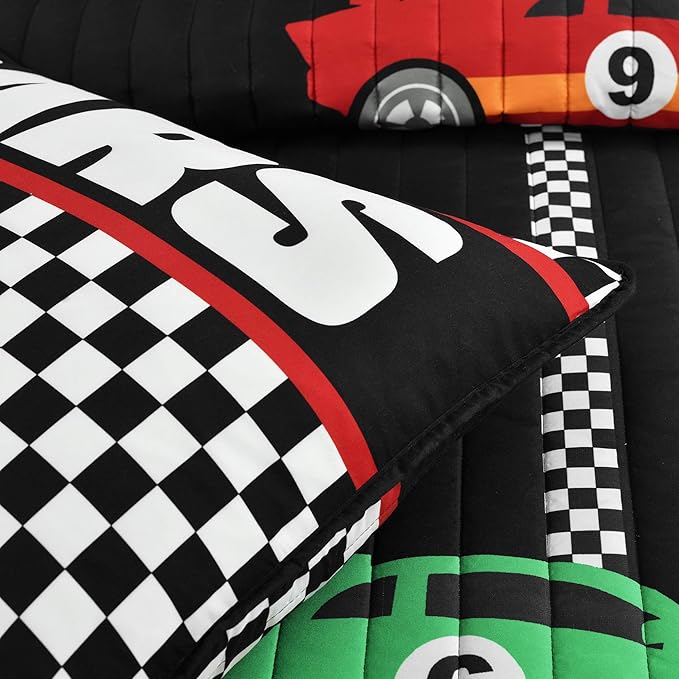 Lush Decor Racing Cars Reversible Quilt Queen Size 5 Piece Set Full/Queen Black & Multi - Kids Bedding Set Queen Quilt - Car Decor