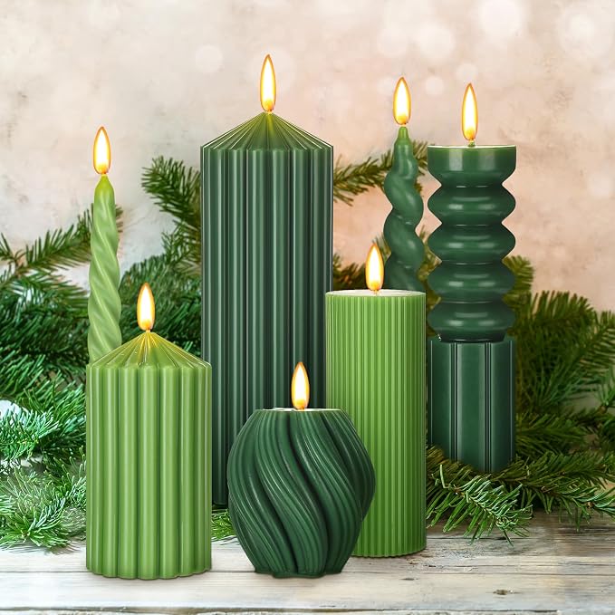 Nuanchu 9 Pcs Modern Decorative Candles Set 5 Pillar Aesthetic Ribbed Candles 4 Spiral Taper Twisted Candlesticks Scented Smokeless Soy Wax for Wedding Holiday Dinner Home Decorations(Green)
