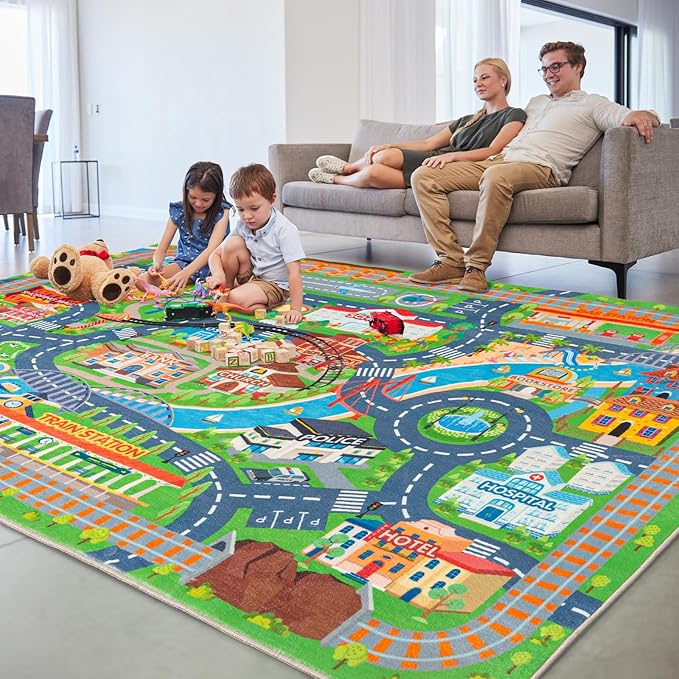 Car Rug Play Mat for Kids Toy Cars, Road Traffic Playmat for Kid Bedroom, Non-Slip Machine Washable Town City Race Track Carpet for Learn and Have Fun 4'x5'/ 48"x60"
