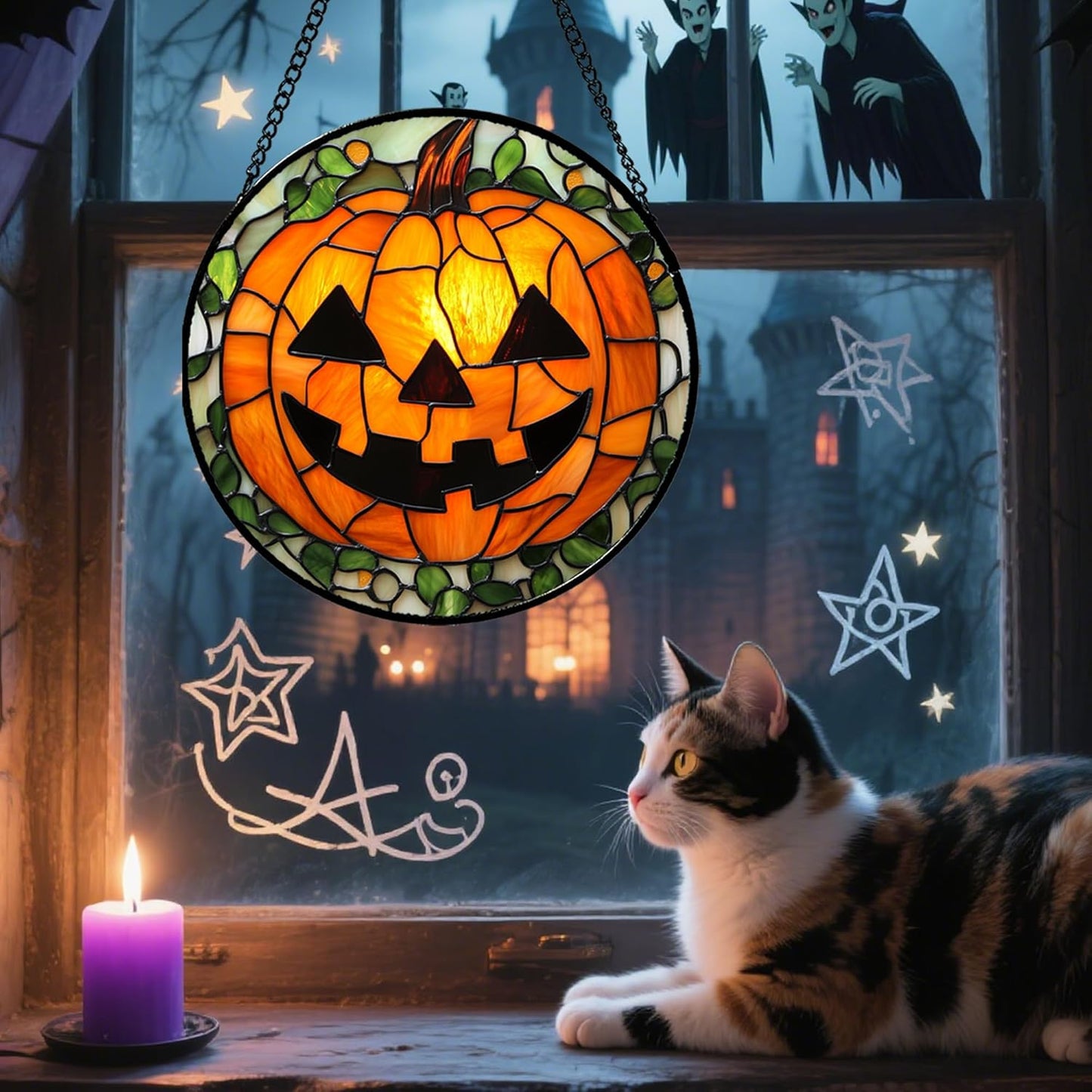 Stained Glass Window Hanging, Halloween Decorations Evil Pumpkin Suncatcher for Doors Garden Indoor Spooky Funny Orange Sun Catchers Gothic Decor Horror Gifts for Women Men Friend 9.8 in