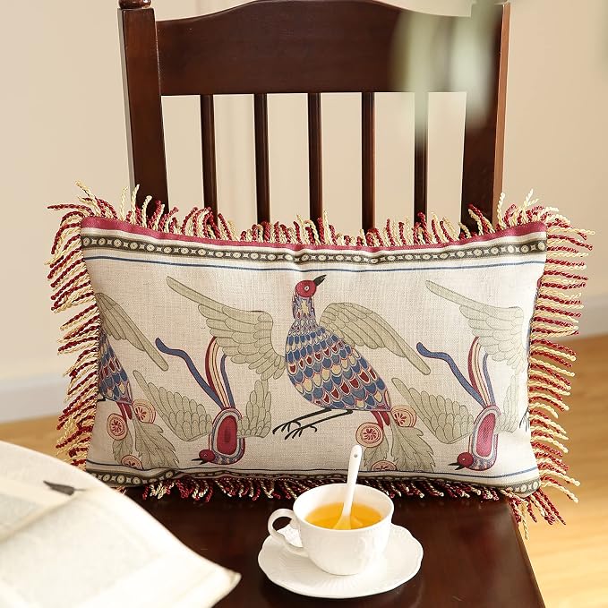 patdrea Vintage Linen Throw Pillow Cover,12"x20",Set of 2-Schumacher D | Elegant French Decorative Pillow Case,Bird Pattern with Fringe Trim,Cushion Coverfor Couch Living Room Bedroom Sofa
