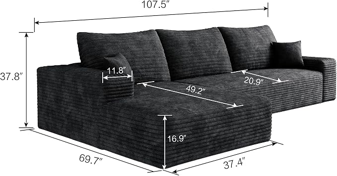 107" Boneless Couch with L Shaped Chaise, Plush Corduroy Sleeper Sectional Sofa, Deep Seat Comfy Couches for Living Room Bedroom, Compressed Foam Cloud Sofas, No Assembly, Left Facing Chaise, Black