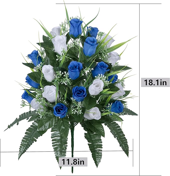 LVXINLI 2 Sets Artificial Cemetery Flowers,Outdoor Grave Decorations Roses,Beautiful Arrangements Bouquet with Cemetery Vase,Lasting and Non-Bleed Colors (White+Dark Blue)