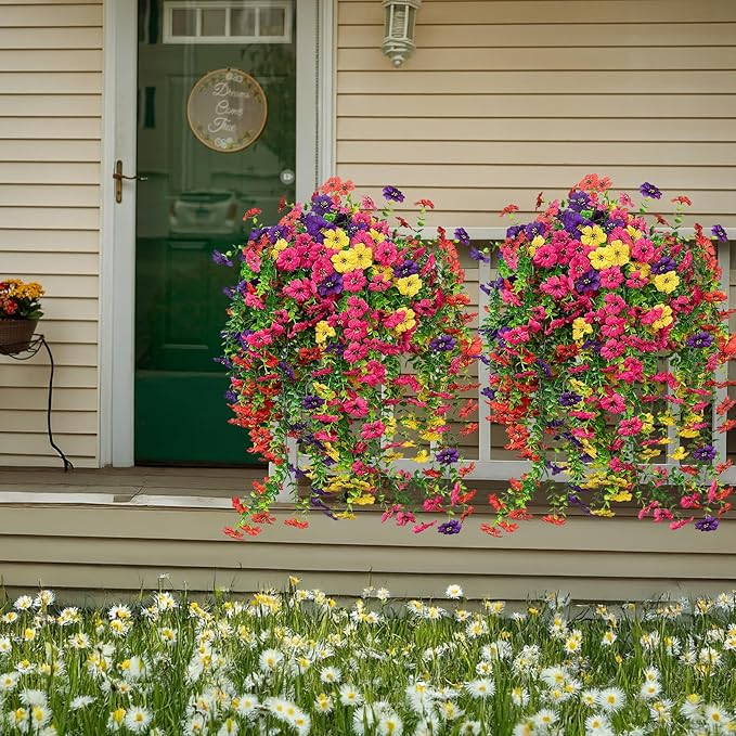 LikSoor 4 Pcs Artificial Outdoor Hanging Plants Spring Summer Decoration UV Resistant Faux Silk Flowers for Outside, Garden, Porch, Window, Home Decor (4 Color)