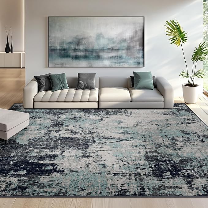 RELEANY Washable Area Rugs 6'x9' Non-Slip Modern Abstract Soft for Living Room Entryway Bedroom Nursery, Print Pattern, Blue Black Teal