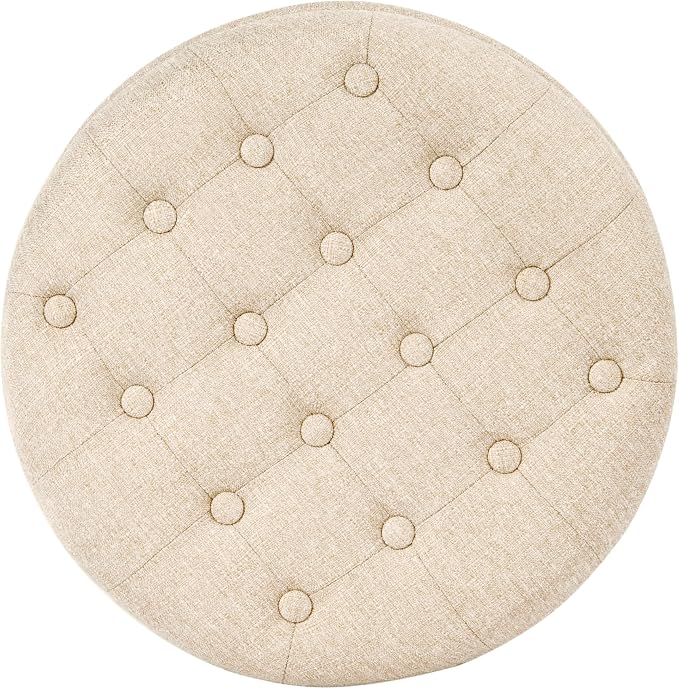 HomePop 19" Button Tufted Round Storage Ottoman - Tan Woven