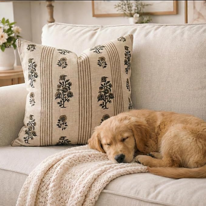 Linen Blue Throw Pillow Covers 18x18 inch Beige Stripe Floral Pillows Spring Decorative Pillow Covers for Living Room Bedroom