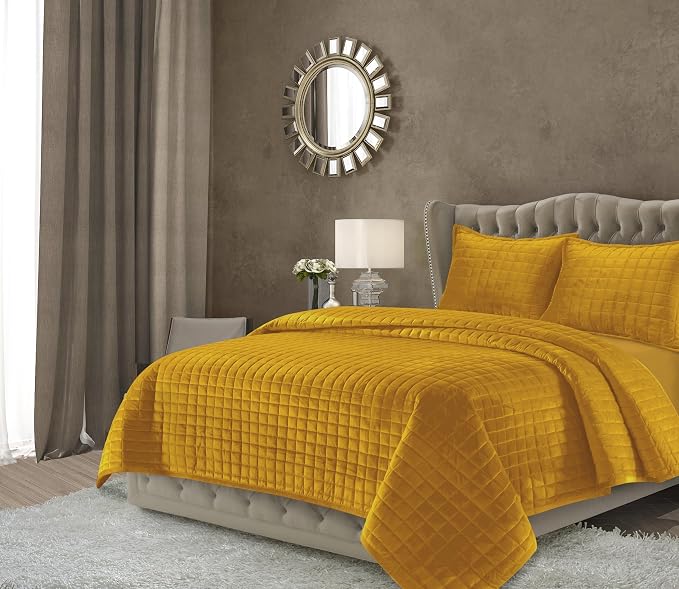 Tribeca Living Luxury Velvet Quilt Twin Size Set - 260GSM Ultra-Soft Oversized Velvet Bedspread Comforter Set with 1 Sham, in Florence Gold
