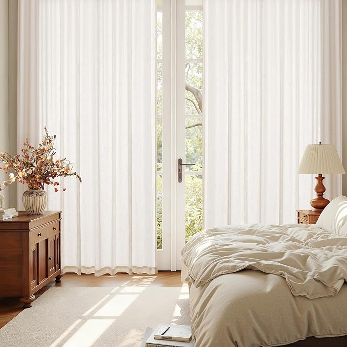 Nanspring Beige Linen Curtains 50 x 90 inches Long Living Room Back Tab Rod Pocket Semi Sheer Curtain Boho Modern Privacy Light Filtering Thick Linen Drapes for Bedroom, Beige, Set of 2 Panels