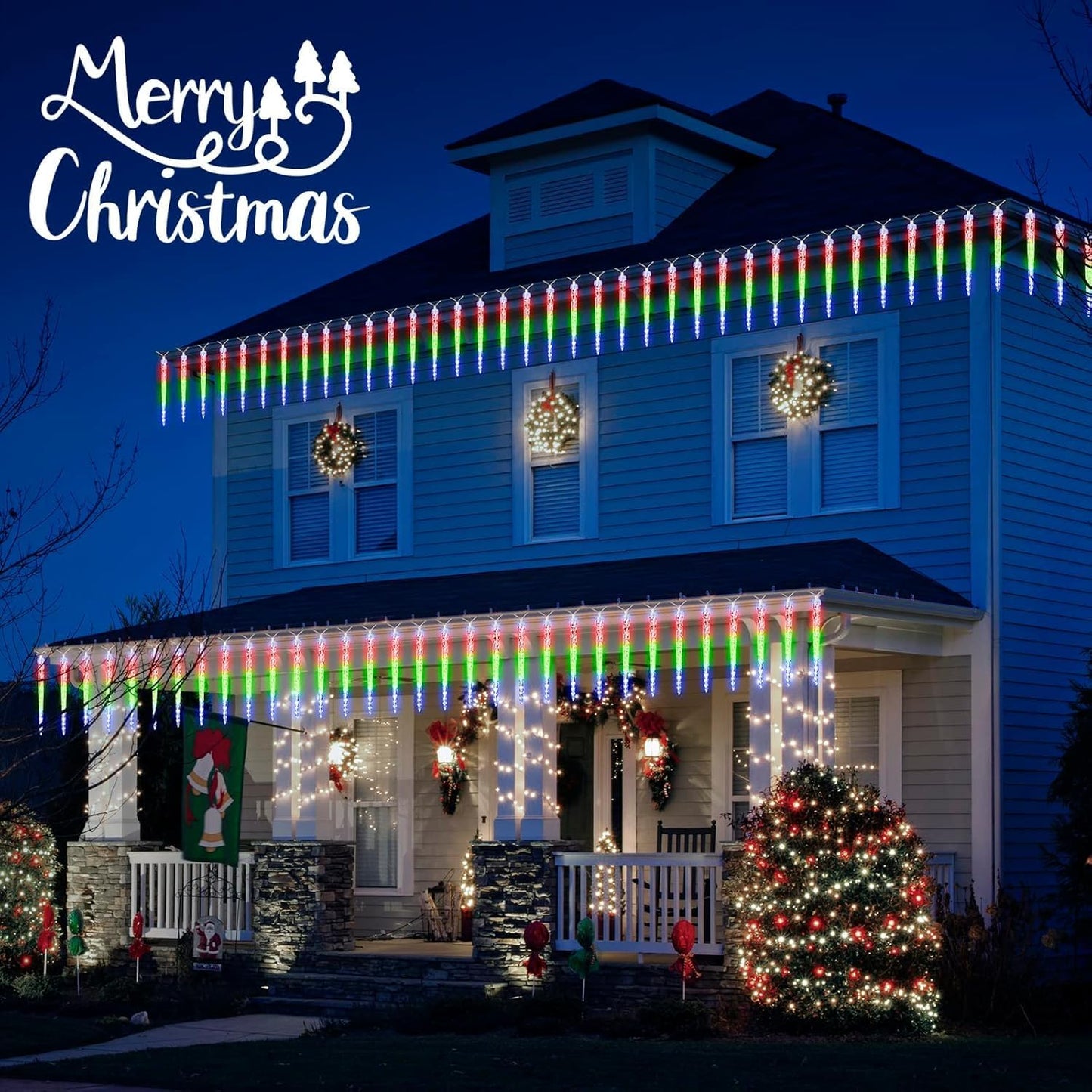 Brightown Christmas Meteor Shower Icicle Lights Outdoor, 30ft with 30 Tube 720 LED Dropping Effect, Waterproof Decorations for House Eave Roofline, Multicolor