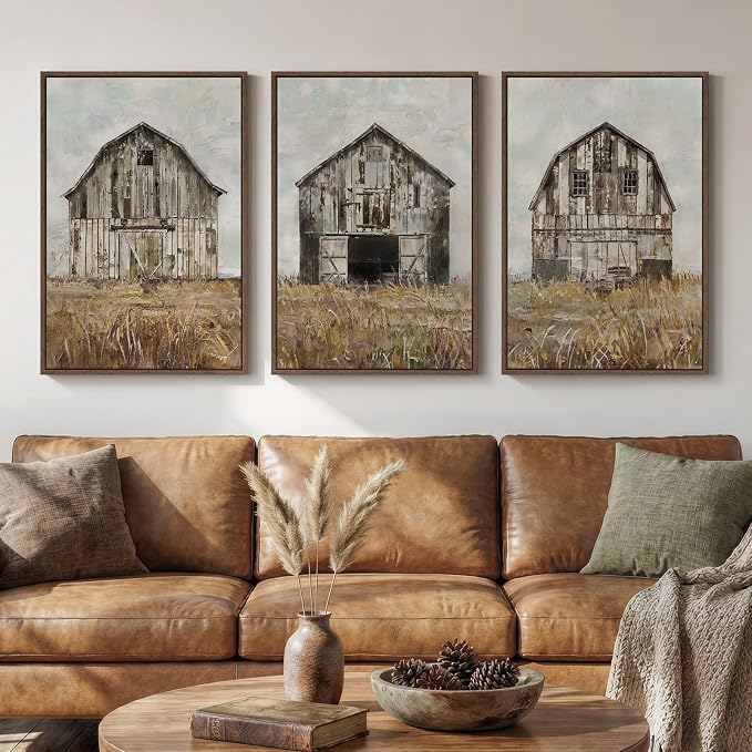 Large Framed Farmhouse Wall Art for Living Room, Set of 3 Vintage Barn Canvas Prints, Rustic Country Wall Decor for Bedroom Dining Room Hallway 20x30 Inch