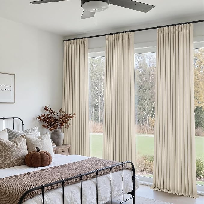 Beige Oatmeal Linen Pinch Pleated Curtains 90 Inch Length 2 Panels Set for Living Room Pinch Pleat Curtains with Back Tab Light Filtering Semi Sheer Drapes for Bedroom Dining Room Window 40x90