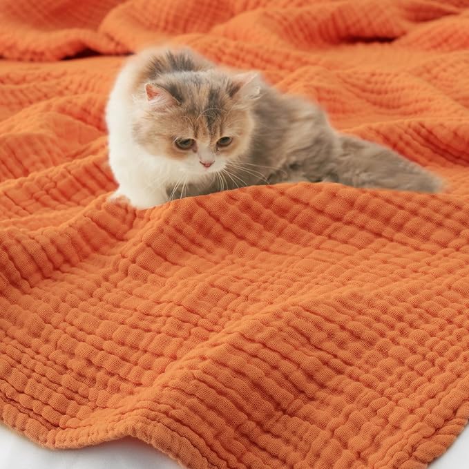 Carriediosa 100% Cotton Muslin Throw Blanket 50" X 70" Throw XL Size，4-Layers Summer Gauze Throws for Bed Couch，Soft Lightweight Breathable Linen Blankets Bedspread for Adults All Season，Orange