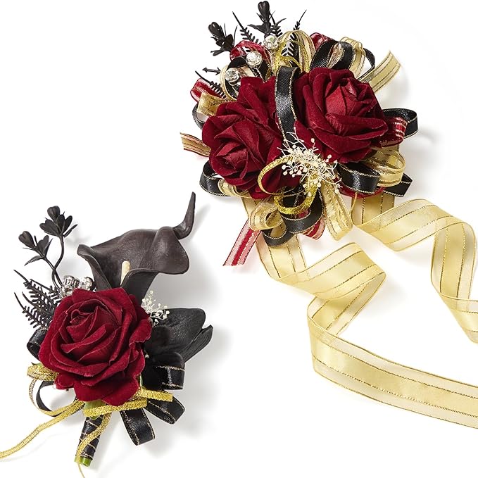 Serwalin Burgundy Prom Corsage and Boutonniere Set, Artificial Calla Lily Red Rose Wrist Corsage Wristlet for Homecoming, Formal Dance, Wedding Flowers Accessories Suit Decorations