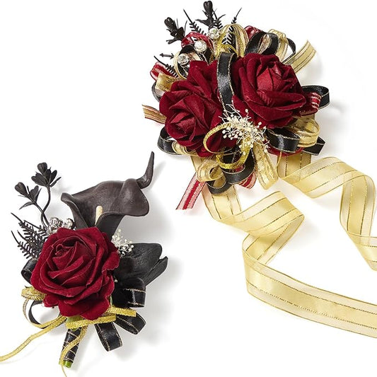 Serwalin Burgundy Prom Corsage and Boutonniere Set, Artificial Calla Lily Red Rose Wrist Corsage Wristlet for Homecoming, Formal Dance, Wedding Flowers Accessories Suit Decorations