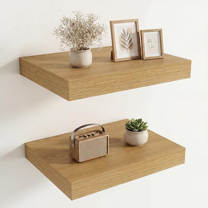 Vivelove 12 Inch Deep Floating Shelves 16 inch Long, 2 Inch Thick Wall Shelves with Invisible Brackets, Shelf for Bedroom Bathroom Living Room Kitchen Office Home Decor, Modern Shelf Set of 2, Oak