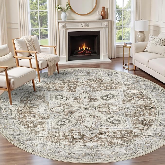 Tortania 6' Round Area Rug Living Room Rugs - Washable Boho Rug Vintage Oriental Distressed Farmhouse Large Thin Indoor Carpet for Bedroom Under Dining Table Home Office - Brown Blue