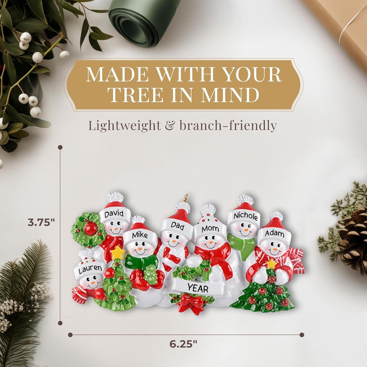 Personalized Family of 7 Ornament 2025 | Free 24h Customization | Laser Engraved Snowman Christmas Ornaments for Tree | Custom Gift Wrapped Festive Holiday Keepsake for Seven Persons