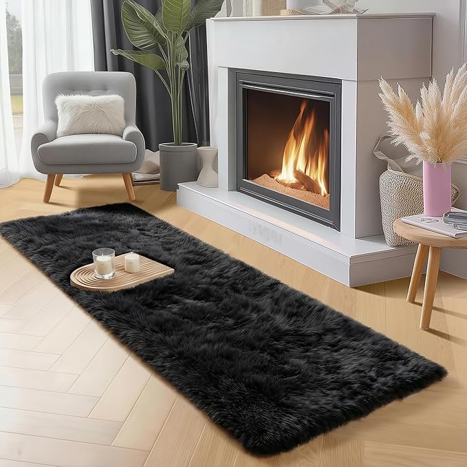 PAGISOFE Black Runner Rugs for Bedroom, Living Room 2x6 Small Plush Fluffy Boys Rug, Bedside Rug, Soft Rugs for Kids Room, Plush Shag Carpet, Accent Throw Rugs, Home Decor Aesthetic Nursery