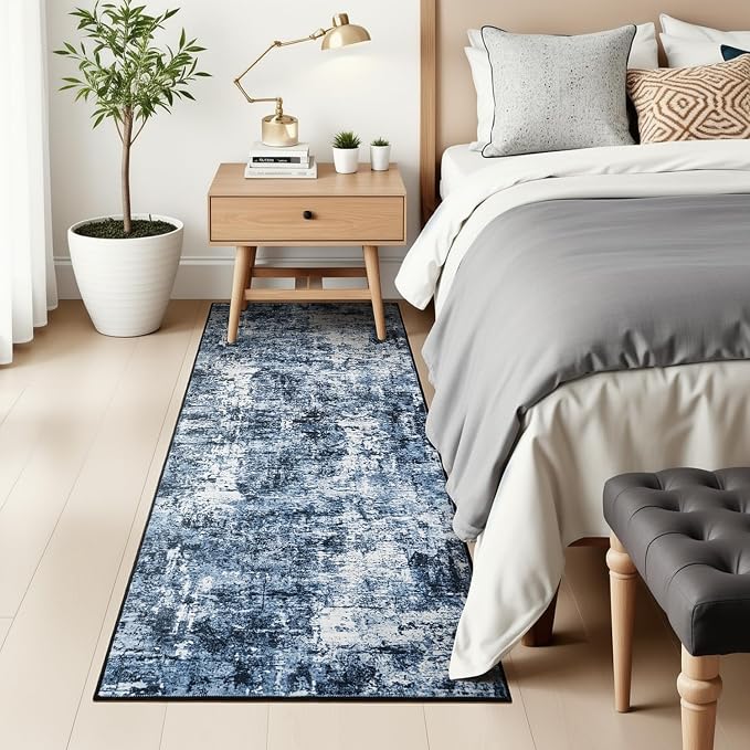 Rugflix 2x10 Runner Rug for Entryway, Kitchen Rugs Soft Non-Slip Washable Runners for Hallway, Abstract Small Carpet with Non-Slip Rubber for Bedroom, Living Room, Navy Blue/Black