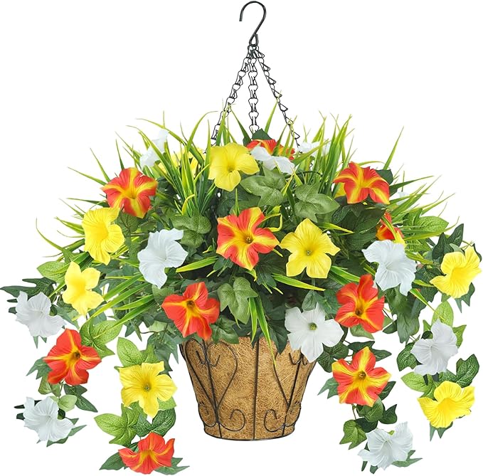 Artificial Flowers Hanging Baskets for Outdoors, 5PCS UV Resistant Faux Outdoor Plants, Fake Petunias Silk Flowers for Garden Balcony Yard Porch Decor (Yellow Orange White)