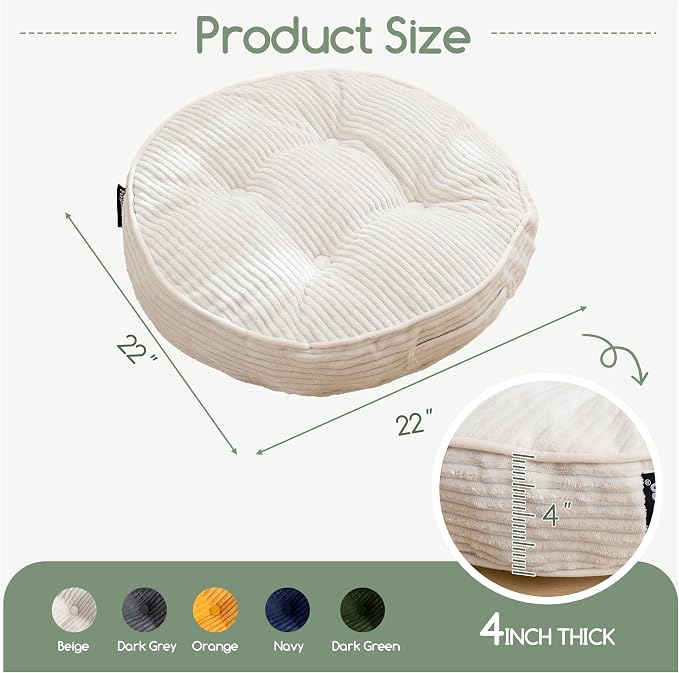 HIGOGOGO Floor Pillow Cushion for Adults, Meditation Cushion Pillow, Large Round Floor Sitting, Tufted Corduroy Cover, for Tatami Living Room or Yoga, 22x22 Inch, 2Pack, Beige