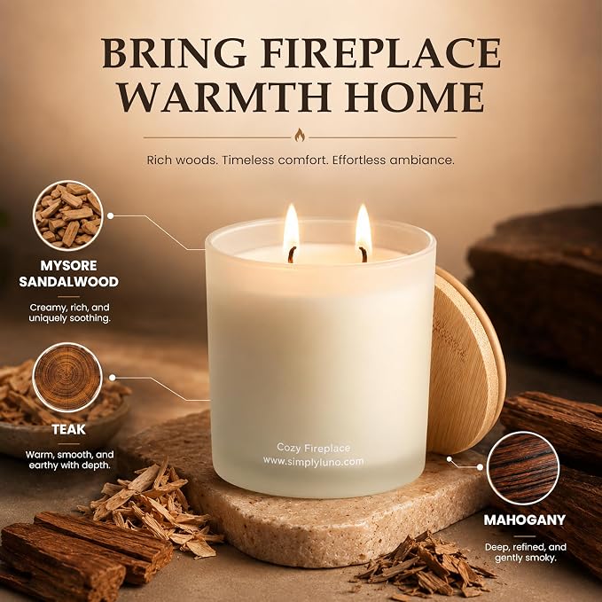 Cozy Fireplace | Mysore Sandalwood, Teak & Mahogany Scented Candle | 14oz Soy Wax Large Candle | 50+ Hour Long Lasting Candle for Home, Living Room, Bedroom & Relaxation | Luxury Jar Candle Gift Box