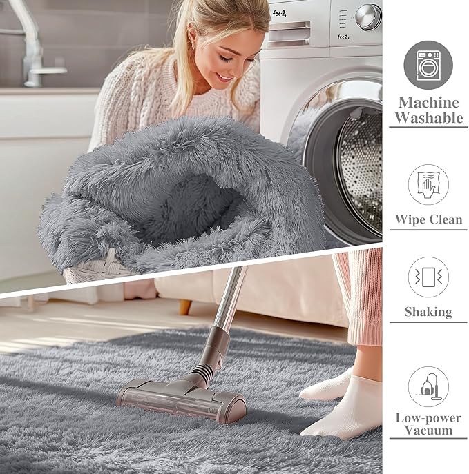 OLANLY 3x3 Machine Washable Small Bedside Rug, Soft Fluffy Shaggy Entryway Throw Rugs for Bedroom, Living Room, Indoor Floor Carpet for Kids Girls and Boys, Nursery Rooms, Home Decor, Light Grey