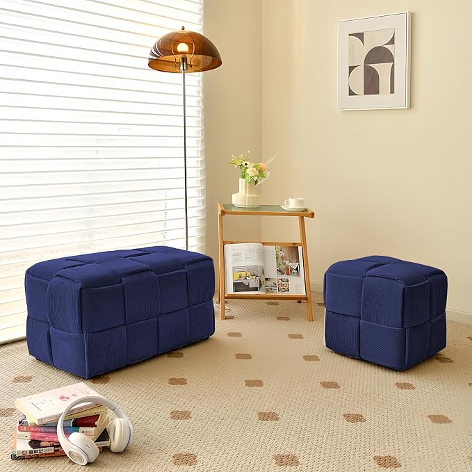 Cmishe 28" Rectangular Woven Corduroy Ottoman Footrest - Large Modern Entryway Bench & Bed End Stool, Sturdy Wood Frame, No Assembly (Blue-L)