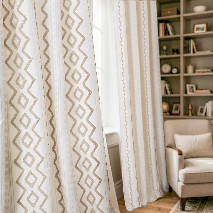 BGment Jacquard Boho Linen Curtains with Tufted Pom Stripe Geometric, Farmhouse Pattern Drapes Grommet for Bedroom Living Room Light Filtering, 2 Panels Set, 52 X 98 Inch
