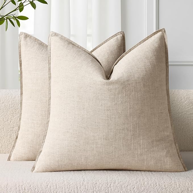 decorUhome Summer Decorative Linen Throw Pillow Covers 16x16 Inch Set of 2 Natural Beige Pillow Covers with Flange Edges Soft Farmhouse Boho Accent Pillow Cases for Couch Bed Living Room