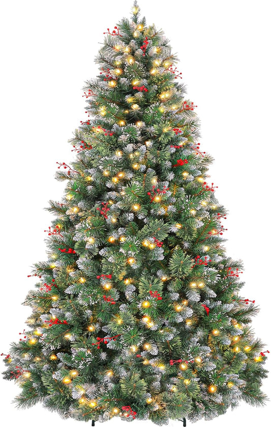 Hykolity 7.5 ft Prelit Artificial Christmas Tree, Partially Frosted Christmas Pine Tree with Red Berries, 350 Warm White Lights, 1372 PVC Branch Tips, Metal Stand and Hinged Branches