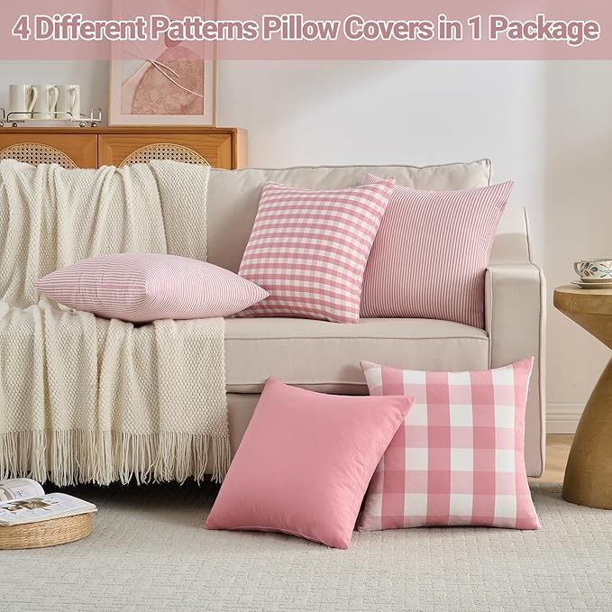 Cute Pink And White Gingham Plaid Pillow Covers 18x18 Set of 2, Light Pink Living Room Decor Throw Pillows For Bed Couch, Farmhouse Outdoor Square Cushion Covers 18 x 18 (No Pillow Inserts)