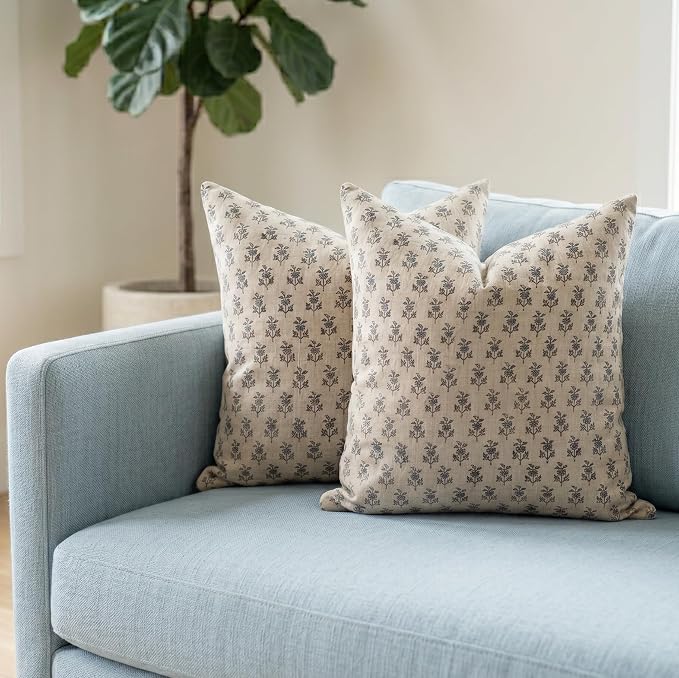Linen Throw Pillow Covers 20x20 inch Soft sage and Blue Decorative Pillow Covers for Living Room, Bedroom