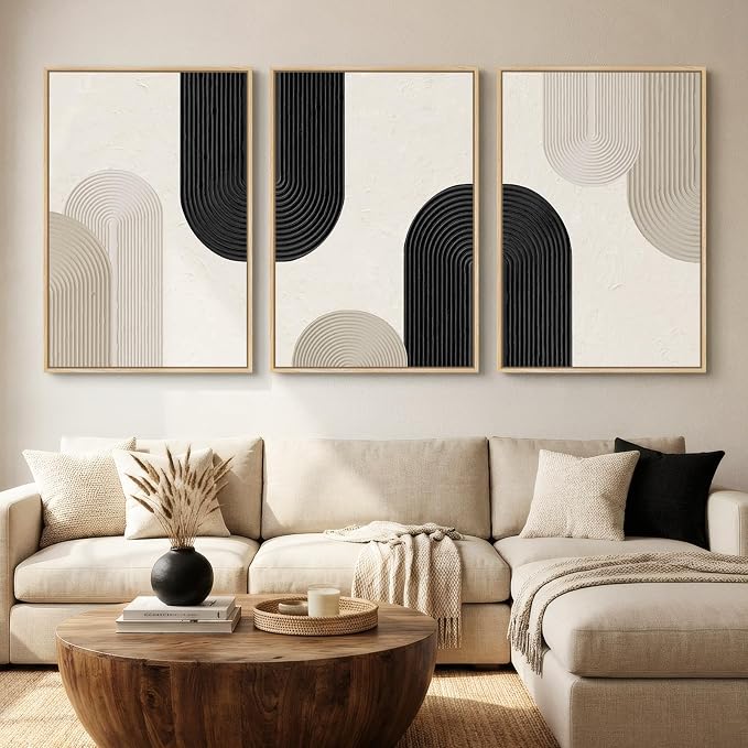 mxart Large Framed Boho Neutral Abstract Wall Art for Living Room, 3 Piece Black and Beige Canvas Prints Artwork for Walls, Modern Minimalist Boho Geometric Wall Art Decor for Hallway Dining Room, 24x36 In
