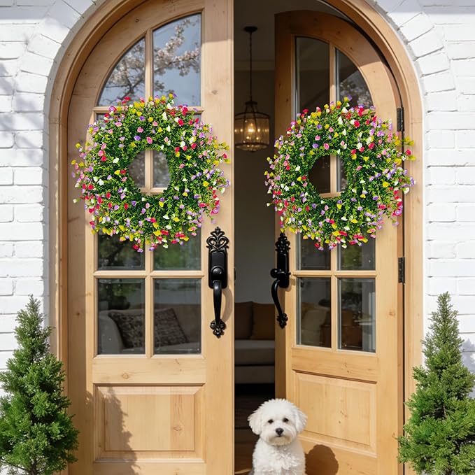 Spring Wreaths for Front Door, 24 Inch Large Farmhouse Colorful Cottage Wreath, Extra-Full 378 Silk Artificial Carnation Floral Wreath, Blossom & Greenery Hanging for Porch, Home Summer Decorations