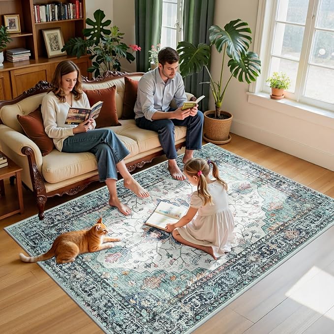 RELEANY Area Rugs 5'x7' Washable Non-Slip, Floral Vintage Distress Print Pattern Medallion Carpet for Living Room Bedroom Dining Room, Green Navy Blue White Red Teal Colorful