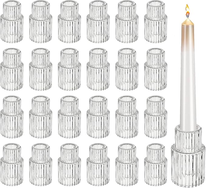 24 Packs Glass Taper Candle Holders, Clear Ribbed Candlestick Holders Bulk, Small Thick Glass Candle Stick Holders for Wedding Table Centerpieces, Party Favors, Christmas Dining Decor (24)